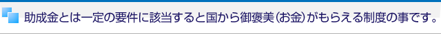 助成金とは一定の要件に該当すると国から御褒美（お金）がもらえる制度の事です。